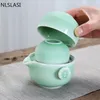 NLSLASI Chinese Ceramic Tea ensemble un pot et deux verres de voyage Thé à café tasse de tasse de bois
