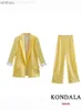 Women's Suits Blazers KONDALA Office Lady Solid Yellow Cotton Linen Women Blazers V Neck Pockets Loose Long Jackets Fashion 2022 Elegant Female Blazer C240410