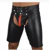 S-2XL New Buckle Hot Black Mens PVC 붕대 오픈 코르치 반바지 고딕 페티쉬 게이 남성 모행 가죽 호스트랩 음경 포켓 바지