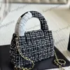 23K Womens Black Tweed Plaid Match Sac à main Sacs d'emploi à main Purse Gold Chain Gold Crossbody épaule Belle tendances Ol Ladies Party Purse 20X12CM