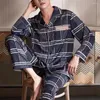 Home Clothing 2 PCs/Set Männer Herbst Winter Pyjamas Set gestreiftes Turndown-Kragen-Hemdhose Einer-Brustlöser lose Hose