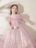 Pink Flower Girl Dresses Little Kids Birthday Party Dresses sequined Lace Tiered Tulle Beaded Dress Princess Queen Marriage Gowns Toddler Birthday Party Prom Gowns