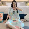 Women's Sleepwear Sweet Princess Style Suit V-Neck Printed Pajamas Thin Cotton Silk Nightgown Short Sleeve Dress Female Home Clothing