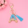 New Blue Stone 26 Latin Alphabet Pendent Keychain With Tassel for Women Resin Keyrings Charms Girl Bag Ornamant Accessories