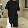 2024 Summer Custom Solid Color Mens Tracksuit Black Overdimate Lapel Button-up Polo Shirt and Shorts