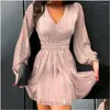 Abiti casual di base Abbigliamento da festa in giro per la vita Elegante manica per lanterna a V Mini abito a-line per donne a colori solidi a vita stretta ple dhk79