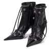 schwarz spitzs hohe stiefelstiefel Metallschnalle Dekoration Frauenschuhe Motorrad Quaste Leder Zip Schuhe Luxusdesigner Mode Nackte Bootsgröße 35-42