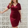 Plus Size Women Dress Vneck Short Sleeve Elegant High Waist Side Laceup Pleated Kneelength Gown 240410