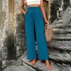 Calças femininas para mulheres trabalham elástica casual de cintura alta solta mulher relaxada encaixe penteado azul -calça de demin