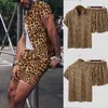 Herrespår män toppar skjortor tryck kostym 2 stycken avslappnad mode leopard kort ärm shorts sommar