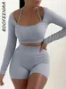 Women's Tracksuits BOOFEENAA Sport Ribbed Matching Outfits Womens Biker Shorts Two Piece Sets Active Wear Fall 2024 Fashion Women Clothing