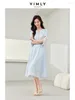 Casual Dresses Vimly Light Blue V-neck Elegant Three Quarter Sleeve Chiffon Dress Women 2024 Spring A-line Umbrella Lace-up Midi M5982