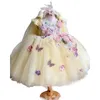 Summer Party Dress Kids Dress Girl Brodered Flowers Princess Dress Champagne Bow Backless Mesh Puffy kjol E9275 240325