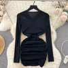 Casual jurken schuimlina lange mouw damesjurk elegant zwart sexy criss cross gesneden front v nek bodycon mini vestidos