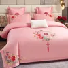 Bordamento de cama rosa de luxo rosa Bordado de casamento chinês 4pcs Conjunto de 800tc egípcio com zíper de algodão com zíper -de -camas de lençol de lençolas