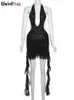 Raar poes sexy zie door jurk dames metalen riem zoom onregelmatige ruches tassel backless halter halter verjaardag feestje bodycon 240402