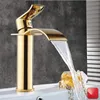 Tuqiu Gold Bathroom Faucet Waterfall Basin Faucet Single Handle Basin Mixer Tap Bath Faucet Brass Sink Water Crane Tap