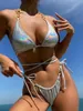 Женские купальники Сексуальное Criss Cross Micro Bikini 2024 Женские серебряные металлические кольцо серебряного металлического кольца Связанный купальник вырезанный купальный костюм