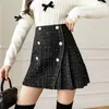 Skirts Fashion Sweet Tweed A-line Skirt Women Temperament High Waist Korean Double Breasted Plaid Beads Solid Slim Versatile Short Wear