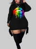 LW Plus Size Lip Print Bandage Design Dress Hoodies For Women Autumn Winter Ladies Streetwear 240410