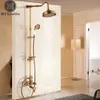 Antique Brass Shower Bath Faucet Sets Wall Mounted EXposed 8" Rainfall Shower Mixers with Sliding Soap Dish / Handshower