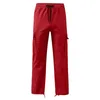 Pantalon de cargaison rouge mâle multi-poches élastiques cordons de sweet élastiques pantalons cargo masculins couleurs solides pantalon de longueur de plancher 240408