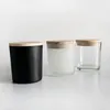 4st Transparent Glass Candle Cup with Wood Lid Matte Svart vaxbehållare Ljusstake Heminredning Aromaterapi som gör DIY -burkar