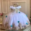 Girl's Dresses Blue Baby Girl Dress Tulle Flower Pearl Butterfly Girl Dress Off Shoulder For Wedding Birthday Party First Communion Gowns L47