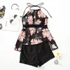 Frauen Badebekleidung Frauen Tankinis Set Blumendruck trägerloser Monokini Schwimmwäsche Beachbekleidung Zwei Stücke Rückenfreier Strandrock Boyshort Baden