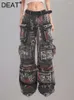 Women's Jeans High Waist Multiple Pockets Graffiti Grey Straight Wide Leg Cargo Denim Pants 2024 Summer Fashion 29L6615