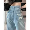 Jeans femininos Y2K 2024 Moda Alta Coloque as calças largas de pernas largas Vintage Rasgada azul para mulheres soltas lisadas de calça longa longa