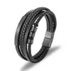 Simple Stainless Steel Leather Rope Bracelet Multi-layer Black Mens