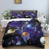 Galaxy Planet Pattern King Queen Duvet Tampa de cama azul escura Conjunto de cama estrelada para crianças adultos Espaço externo 2/3pcs
