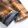 Men's Jeans Men Vintage Denim Orange Painted Stretch Pants Holes Ripped Distressed Slim Straight Trousers