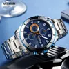 Mujeres de pulsera Megir Men's Blue Dial Chronograph Quartz Relojes de moda de acero inoxidable Análogo para hombre Luminoso Hands 2075g-2