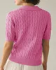 Casual Pink Cable Knit Loose V Neck Short Sleeve Sweater Pullover Spring Summer Fashion Soft Lapel Collar Knitted Top Y2K 240410