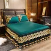 Gold Embroidery Velvet Quilted Thicken Bedspread Queen King Size Soft Warm Lace Ruffle Bed Skirt 2 Pillowcases 200x220 Green