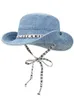 Korean Fashion Letter Strap Denim Bucket Hat Women Summer Sunscreen UV Protection Big Brim Men Hat240410