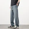 Heren jeans merk kleding hoogwaardige sterrenhemel textuur stof los rechte denim broek elastische taille trekkoord broek