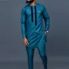 Kaftan Elegant African Mens Set 2 pièces Tenues Tops et pantalons à manches longues et pantalon de luxe complet