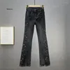 Frauen Jeans Damen hohe Taille schlafe geschlitzte Frauen Perlen -Strass -Flare -Hosen dünne elastische Denimhose Frühling Herbst