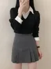 니트 크롭 풀오버 여성 프레피 스타일 가짜 두 조각 스웨터 한국 패션 긴 슬리브 탑 여성 우아한 폴로 목 셔츠 240329