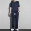 Men's Tracksuits Men Suit O-neck Short Sleeve T-shirt Pants Set Drawstring Wide Leg Long Solid Color Casual Sports Outfit Activewear