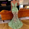 Urban Sexy Dresses Mint Green Mermaid aftonklänningar 3D Flowers Pärlade ärmlös prom klänning Sexig Dubai Saudi Arabiska långa kvällsklänningar 240410