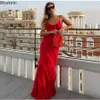 Urban Seksowne sukienki 2024 Women Ruffles szyfon maxi sukienki pleców spływają seksowną sukienkę z grzbietem czerwony lato sukienka weselna eleganckie vestidos 24410