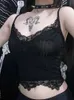 Kadın Tankları Camis Goth Dark Alışveriş Merkezi Gotik Temel Bodycon Kadın Camis Grunge Punk Siyah gündelik dantel dekor mahsulü üst askısız alt yaz giysileri J240409