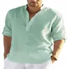 メンズカジュアルシャツS-5XLコットンリネンシャツロングアップスリーブTクルーネック夏シンプルなプレーンブラウスボタンダウントップスティープラスサイズ