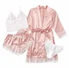 Kvinna Sleepwear 4st Floral spets trim satin pyjamas set med mantel sexig faux silk pijamas mantel sätter avslappnade hemkläder nattkläder