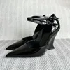 Sandals 2024 Women Black Leather Heeled Slingback Pumps Chic Buckled Ankle Strap Heels Elegant Office Lady Pointed Toe Mules Shoes