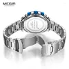 Mujeres de pulsera Megir Men's Blue Dial Chronograph Quartz Relojes de moda de acero inoxidable Análogo para hombre Luminoso Hands 2075g-2